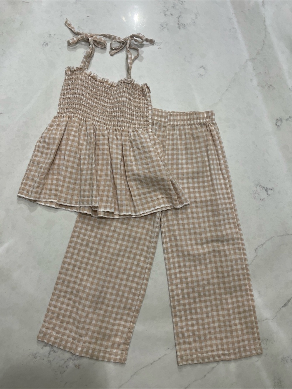 Girls Beige Gingham Set - Smocked Top & Wide-Leg Pants